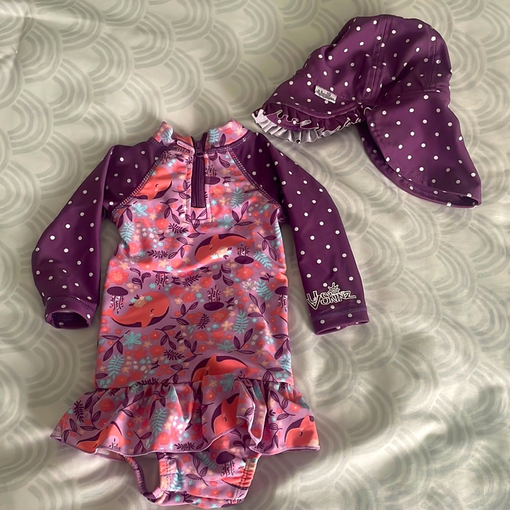 3/6 Month Baby UV Skinz long sleeve one piece bathing suit w/ matching hat